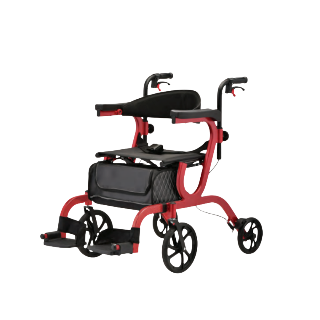 The Nova Medical Gemini 2-in-1 Rollator Transport Chair is a lightweight red and black hybrid with handles, brakes, four wheels, storage pouch, and footrests—ideal for elderly or disabled users needing versatile mobility support.